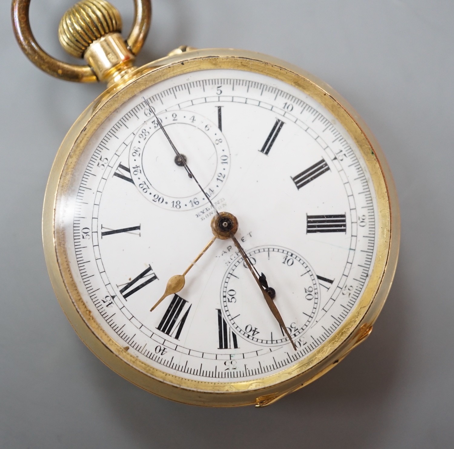 An early 20th century continental 18k open faced chronograph pocket watch, retailed by Hyland, London, case diameter 47mm, with gilt metal dust cover, gross weight 82.9 grams